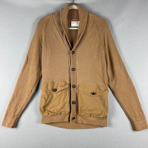 French Connection Safari Cardigan Sweater Mens Medium Tan Shawl Collar Cotton